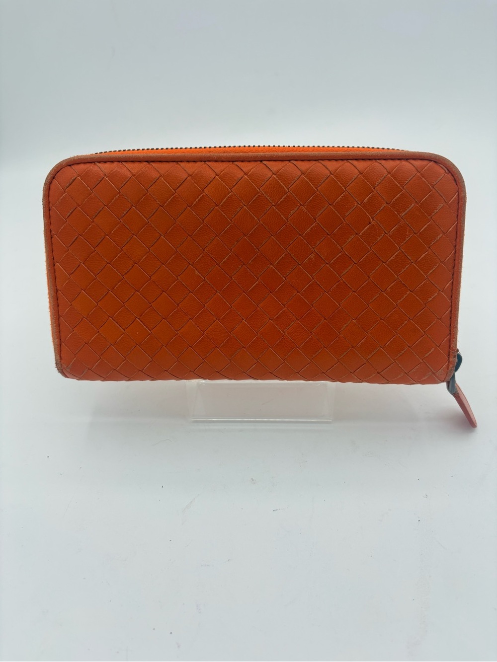 Bottega Veneta Orange  Woven Zip Around Wallet